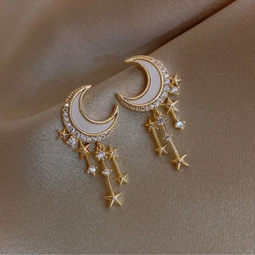 New 18k Gold Plated Celestial Gold Crescent Moon Stars Dainty Drop Earrings